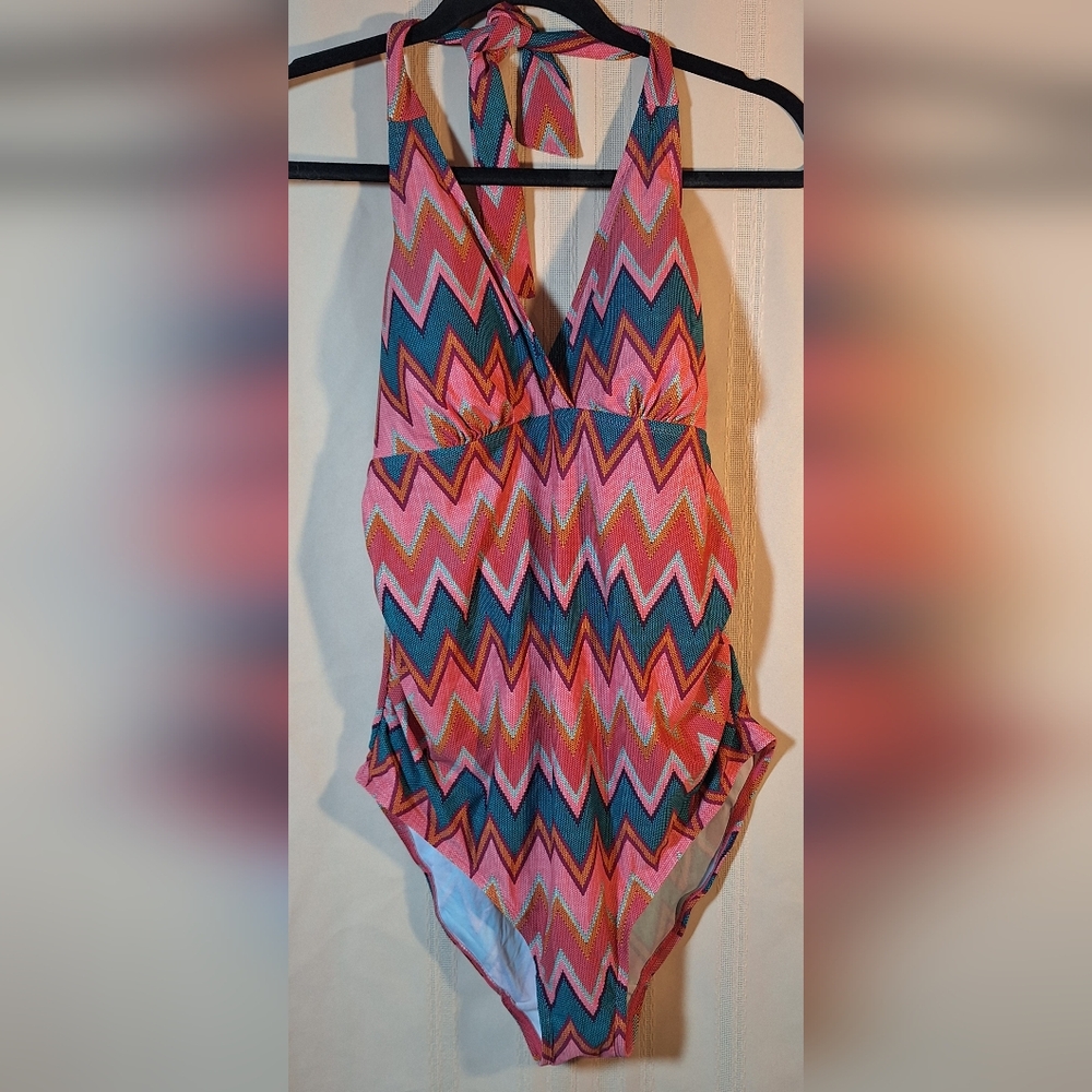 BEACH BUMP Motherhood Maternity Pink and Blue Zigzag One Piece Swimsuit